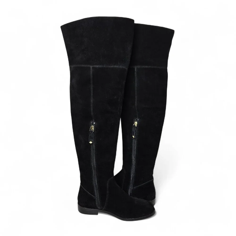 Kate Spade New York Over The Knee Boots Women's Black‎ Suede Gold Trim Tall 5M